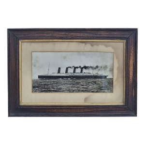 Antique Oak Framed “Cunard Liner Lusitania” Maritime Photo Print Early 1900s