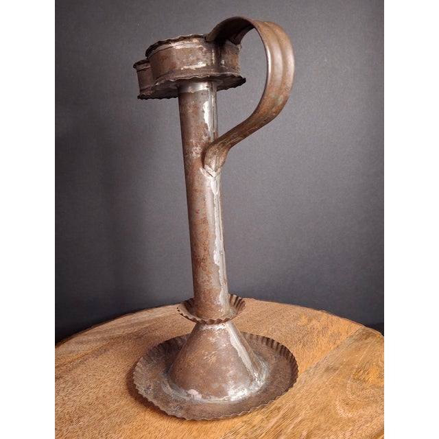 Antique 19thC Sheet Tin Betty Lamp Integrated Saucer Stand Primitive Fat Oil For Sale In Boston - Image 6 of 18