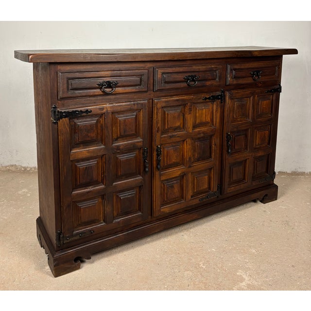 Spanish Rustic Oak Sideboard with Paneled Doors and Iron Hardware, 1930s For Sale - Image 4 of 11