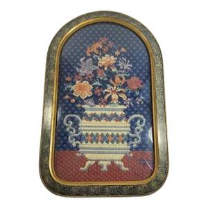 Vintage 1978 Handmade Crewel Embroidery Floral Bubble Glass Framed Wall