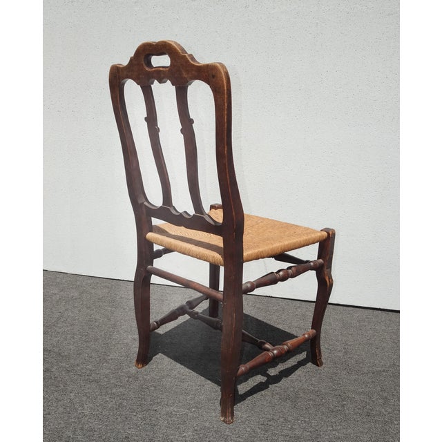 Pair of Antique French Provincial Style Ornate Carved Rush Seat Side Chairs For Sale - Image 4 of 17