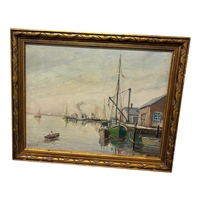 Oil Painting Depicts a Tranquil Harbor Scene With Fishing Boats Moored by a Pier and a Small Rowboat in the Calm Water. By J .Henry Hallbert For Sale