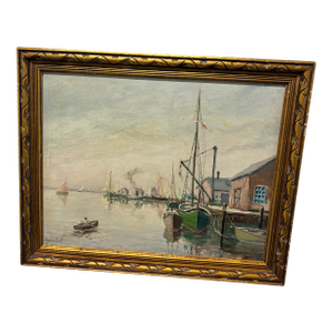 Oil Painting Depicts a Tranquil Harbor Scene With Fishing Boats Moored by a Pier and a Small Rowboat in the Calm Water. By J .Henry Hallbert