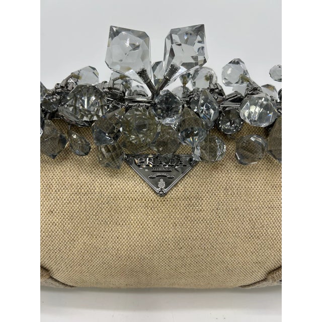 Beige Prada Mistolino Natural Canvas Crystal Beaded Top Pochette For Sale - Image 8 of 12