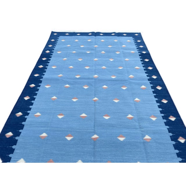 Sky Blue Handmade Cotton Natural Vegetable Dyed Reversible Sky Blue Orange Star Rug Dhurrie - 10'x14' For Sale - Image 8 of 12