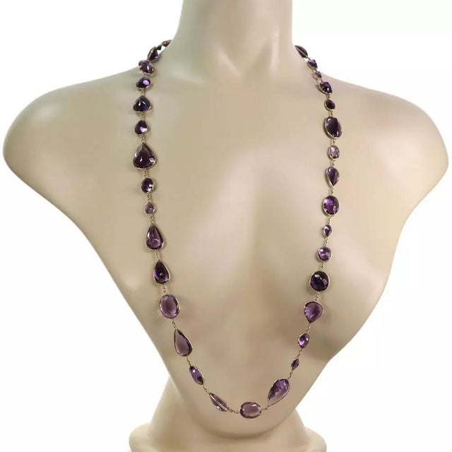 1990s Estate 371Carats Amethyst Assorted Shape Size All Around 18k Gold Necklace 37" L For Sale - Image 5 of 5