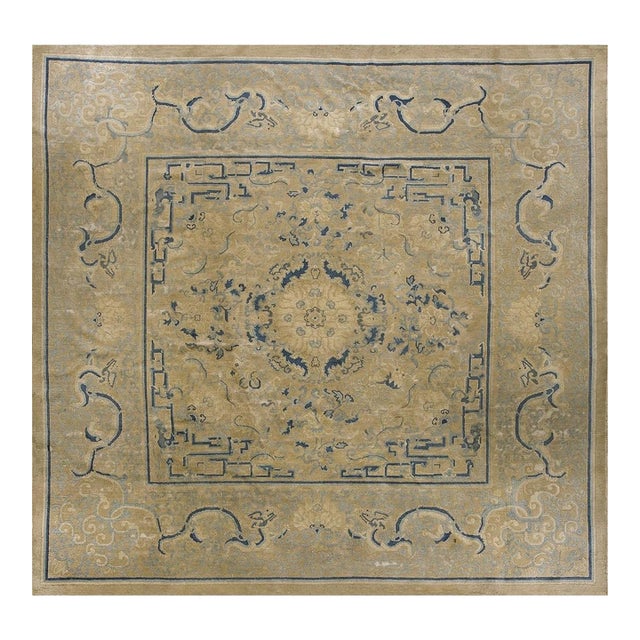 1880s Beige Blue Traditional Antique Chinese Peking Rug 7'9" X 8'1" Wool Square For Sale