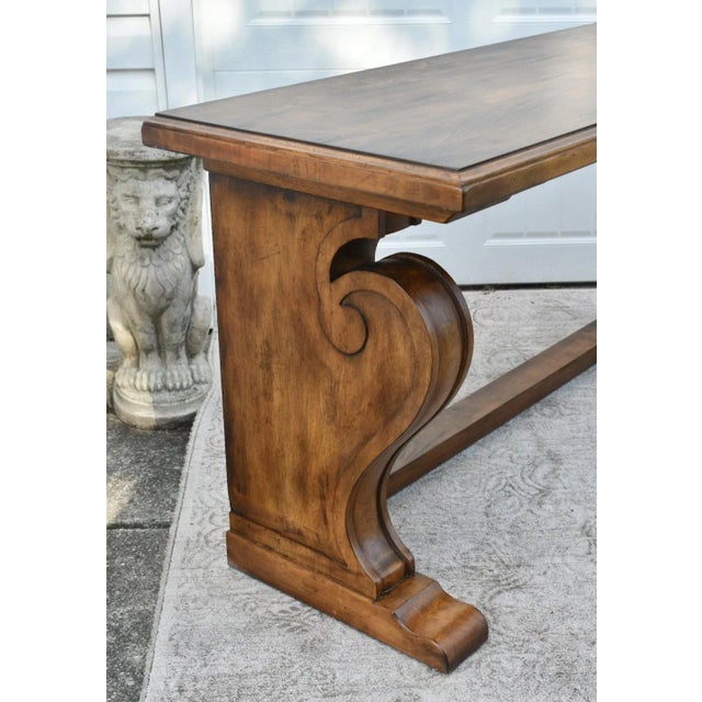 Traditional Ethan Allen Teak Table Vintage Wayfarer Console Wood Empire Trestle Sofa Entry For Sale - Image 3 of 12