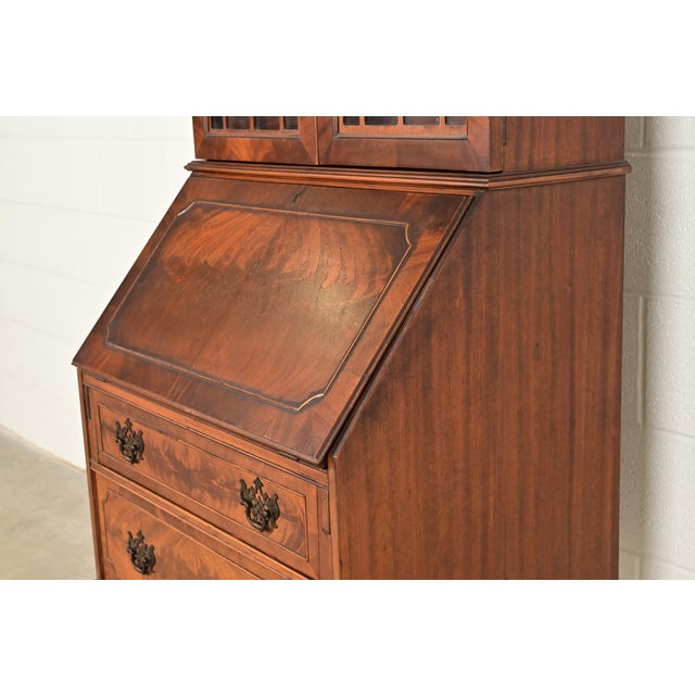 Chippendale Flame Mahogany Drop Front Secretary Desk With Bookcase Hutch by Saginaw Furniture, Circa 1920s For Sale - Image 11 of 18