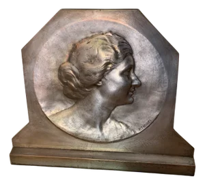 Large Art Deco Silvered Bronze Plaque on an Oak Base by Pierre Theunis, Belgium