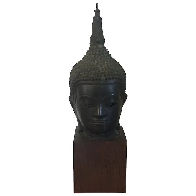 Antique Bronze Bust of Buddha Mounted on a Wood Stand For Sale - Image 13 of 13