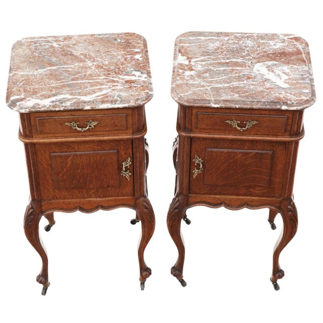 Antique Oak Marble-Top Bedside Tables, 1890s, Set of 2 For Sale - Image 5 of 11