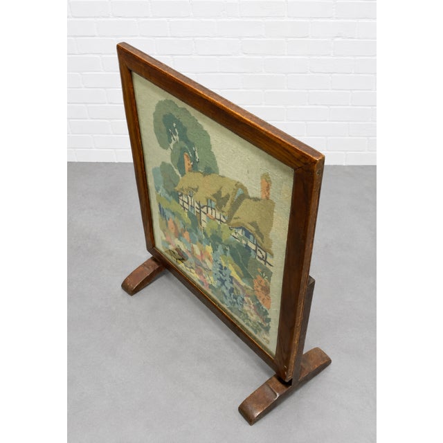 Antique Needlepoint Fires Screen With Cottage Garden Scene, Wood Framed Hearth Screen, C. 1920s–1940s For Sale - Image 9 of 11