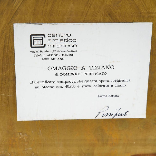 Unknown, Serigraphy Tribute to Titian, 2000s, Wood and Brass For Sale - Image 6 of 7