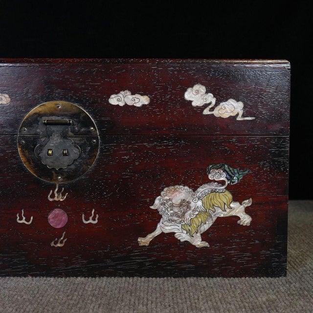 Wood Zitan Wood Box Inlaid With Mother-of-Pearl Lion Motif For Sale - Image 7 of 9