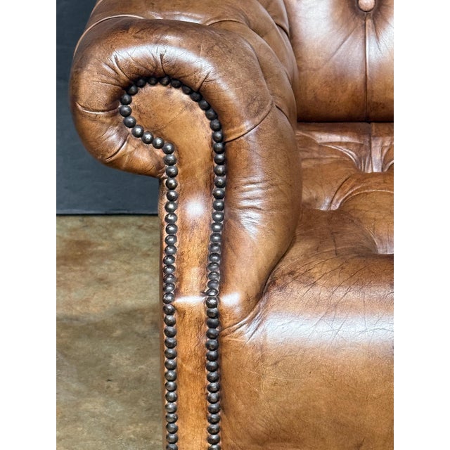 Large English Wing Back Chair of Tufted Tanned Leather With Nail-Head Trim For Sale - Image 10 of 16