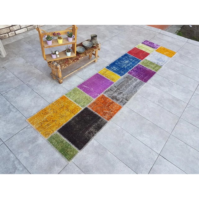 Mid 20th Century Bohemian Handknotted Wool Runner Oushak Turkish Colorful Runner For Sale - Image 10 of 10