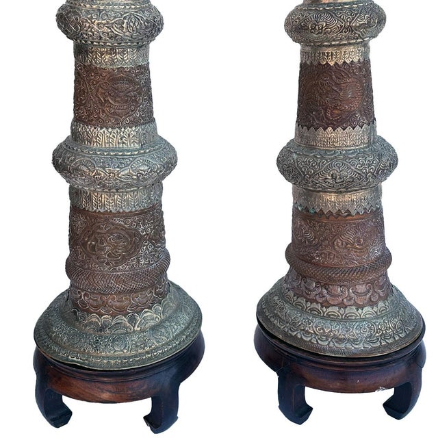 Copper Pair Large Tibetan Buddhist Copper and Brass Dung Chen (Long Horn) Trumpets For Sale - Image 8 of 8