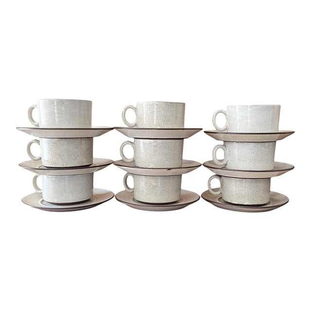 1960s Zaalberg Holland Speckled Stoneware Cups and Saucers - Set of Nine (9) For Sale