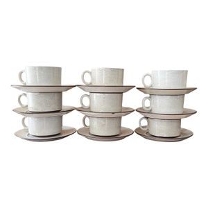 1960s Zaalberg Holland Speckled Stoneware Cups and Saucers - Set of Nine (9)