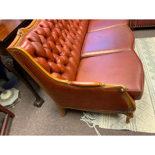 French Vintage Tufted Leather French Louis XV Style Sofa For Sale - Image 3 of 14