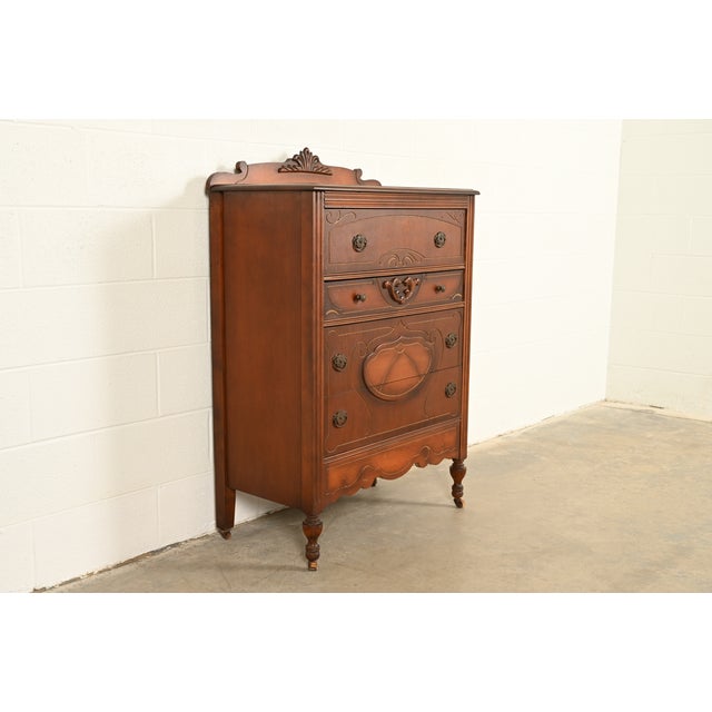 Art Deco Berkey & Gay Style Antique Art Deco Carved Walnut Highboy Dresser, Circa 1930s For Sale - Image 3 of 11