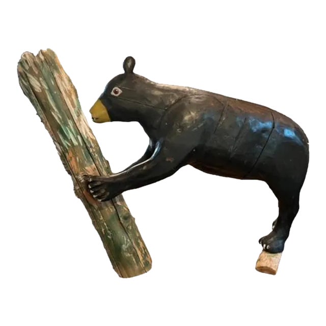 1940s Americana Folk Art Hand-Carved Wood Bear Statue For Sale