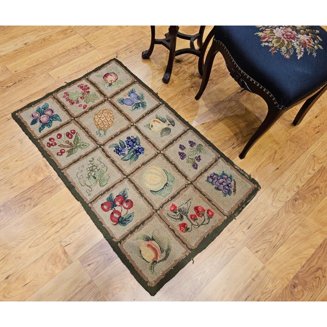 American Vintage American Hand Hooked Rug, Fruit Blocks Pattern, Folk Art Tapestry, 2x4 For Sale - Image 3 of 12