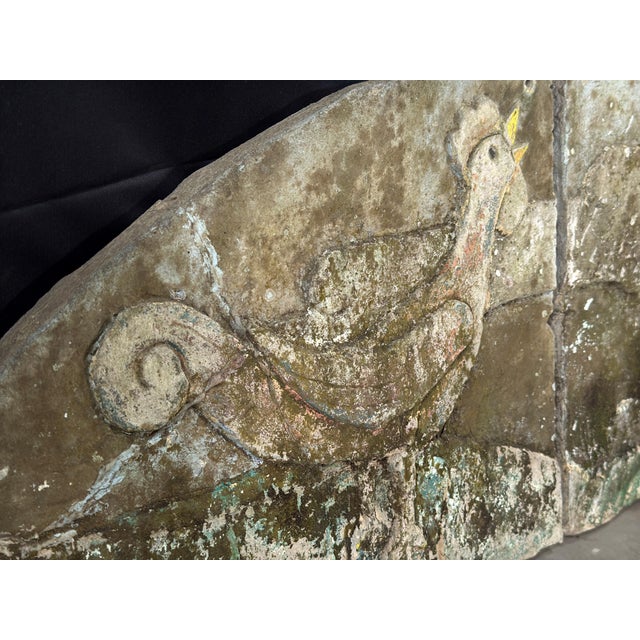 Rare 80" Vintage c.1940's Concrete Frieze Triptych Wall Mounted Garden Art - Sun & Roosters / Chickens For Sale - Image 10 of 13