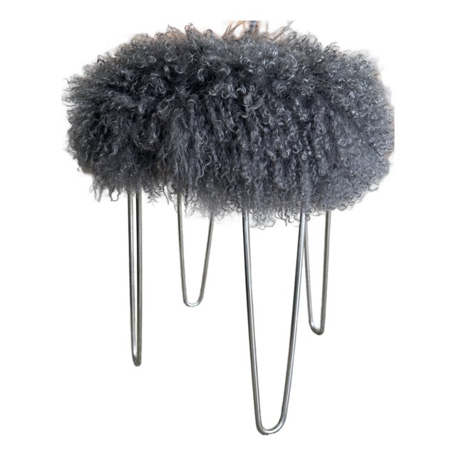 Genuine Grey Mongolian Lambs Wool Stool on Silver Hairpin Legs For Sale