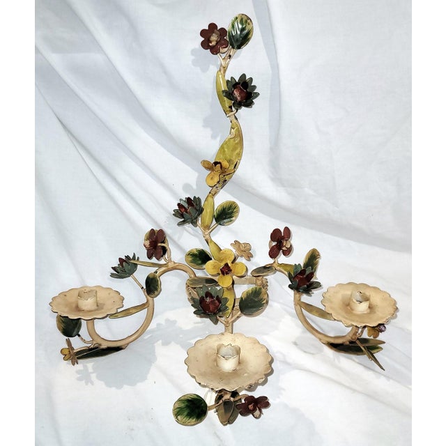 What fun, mid-century tole painted wall sconce candleabra in painted metal floral motif, original paint with natural...
