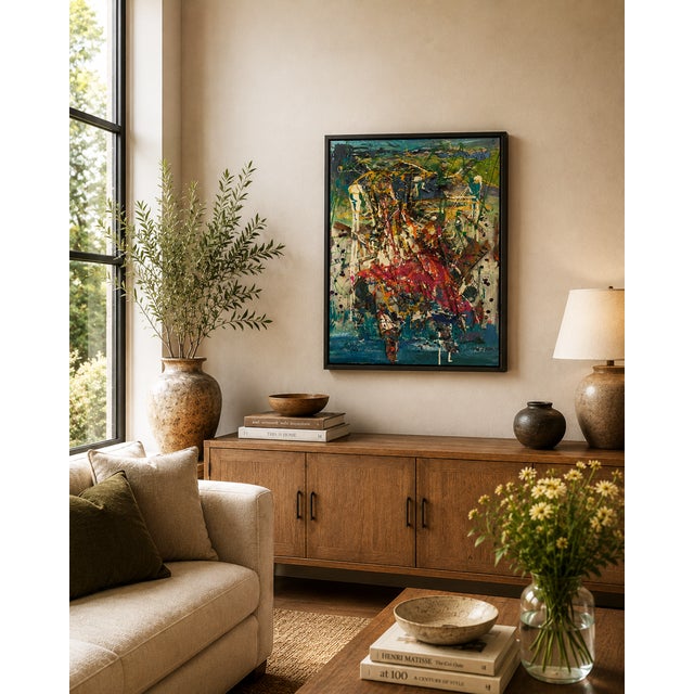 Abstract Expressionism, Large Mixed Media Oil Painting, by Van Ness 26”x38” framed abstract expressionism oil painting. A...