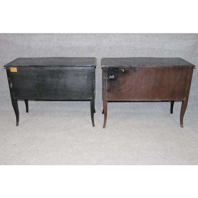 Wood Pair Vintage Ebonized and Gilt Louis XV Style Brass Mounted Commodes by Bodart For Sale - Image 7 of 14