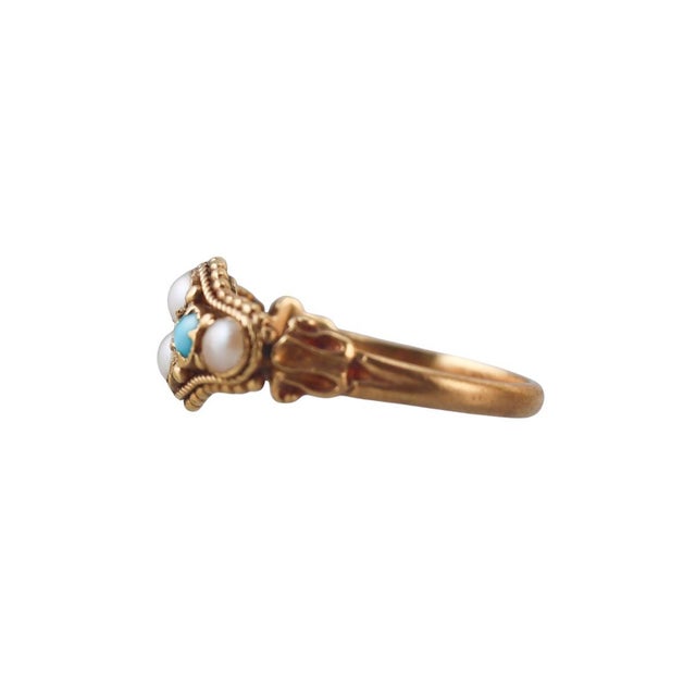 Metal Antique 18k Gold Pearl and Turquoise Ring For Sale - Image 7 of 11