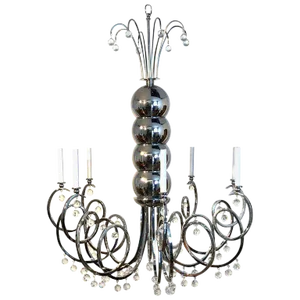 Late 20th Century Large Mid-Century Chrome and Crystal Eight Light Chandelier