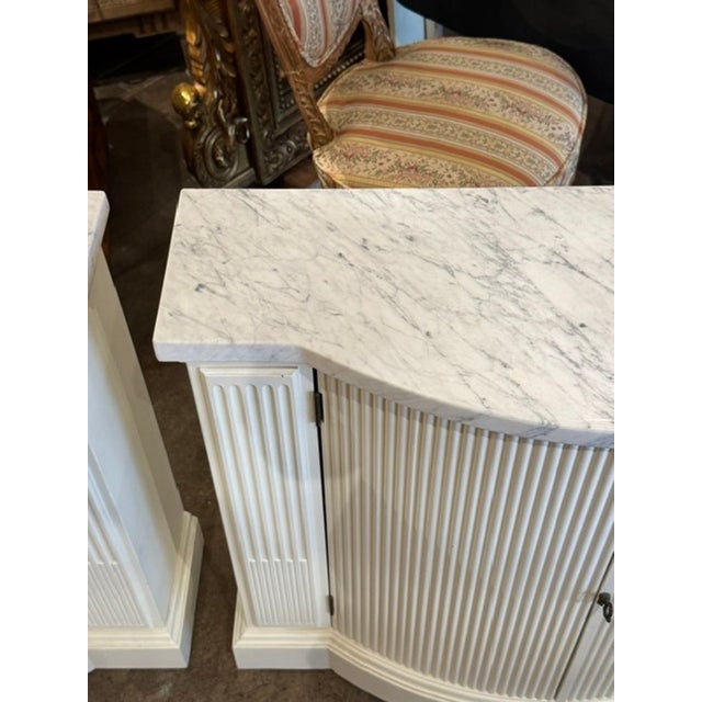 Mid 20th Century Pair of Vintage Italian White Painted Side Cabinets With Carrara Marble For Sale - Image 5 of 7
