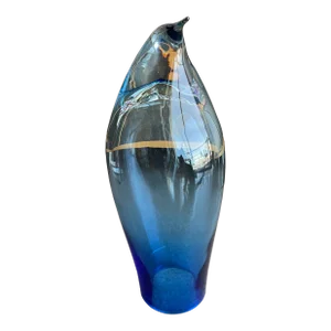 1980s Don Shepherd Blenko Glass Penguin 8020l Crystal Cased Sapphire Blue