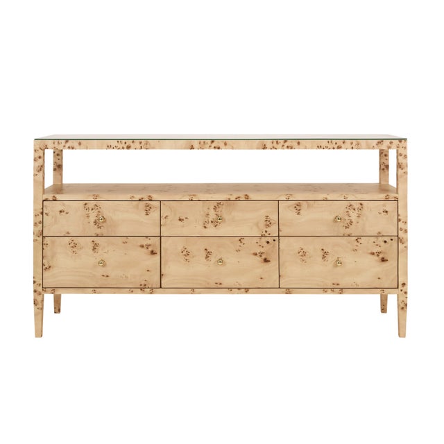 Tan Matthew Izzo Home Jordan Light Burlwood Two Tier, Six Drawer Console Table With Glass Top and Polished Brass Knobs For Sale - Image 8 of 8