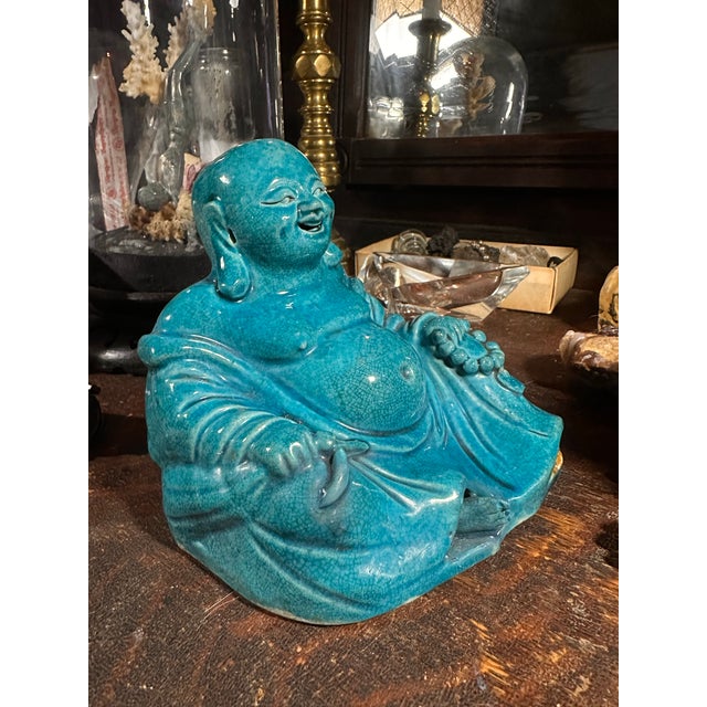 Asian Antique Ceramic Buddha Kangxi (1662-1722) Turquoise Glaze Qing K’ang Hsi Celestial Blue For Sale - Image 3 of 7