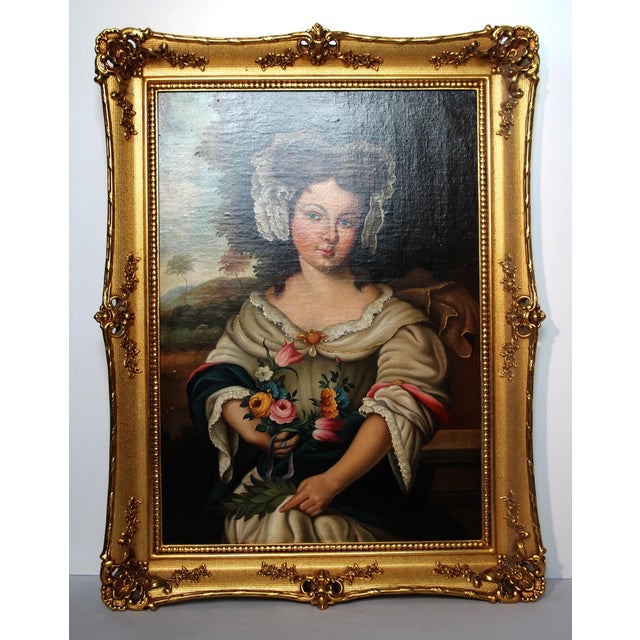 Young Girl with Florals, Early 1800s, Oil on Canvas For Sale - Image 7 of 18