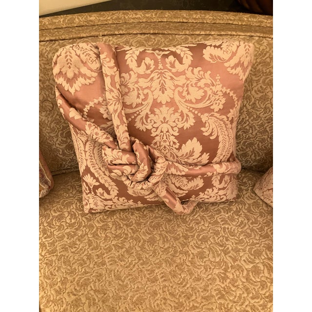 Rose Set of 6 Vintage Custom Decorative Pillows Mauve/Lt Pink, Damask, Silk, 16x16x5” For Sale - Image 8 of 10