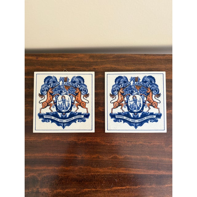 Late 20th Century Dutch Delft Blue and White Porcelain Tiles With Heraldic Coat of Arm, Set of 9 For Sale - Image 5 of 15