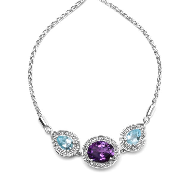 Haus of Brilliance .925 Sterling Silver Oval Amethyst and Pear Blue Topaz with Diamond Accent Lariat 4”-10” Adjustable Bolo Bracelet (H-I Color, SI1-SI2 Clarity) For Sale - Image 4 of 6