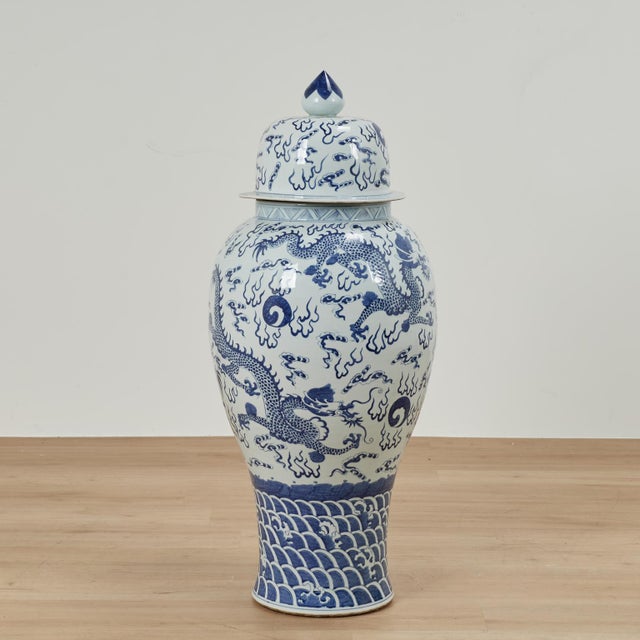 Pair of Chinese Blue and White Porcelain Dragon Palace Urns For Sale - Image 10 of 13