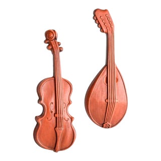 Pair Retro Mid Century Ceramic Musical Instrument Decorative Wall Hangings For Sale