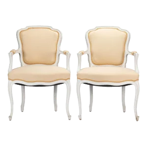 Pair of Louis XVI Style Painted & Upholstered Fauteuil, 1910-30