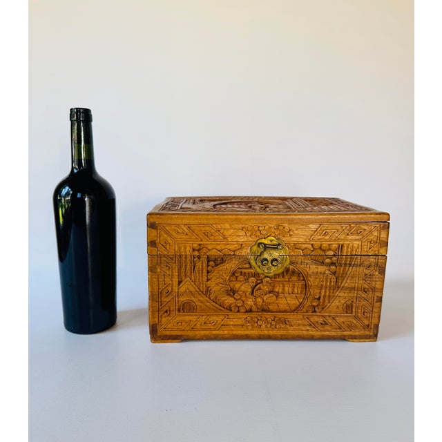 Vintage Chinese Hand Carved Hardwood Jewelry Box Scenic Relief Brass Lock For Sale - Image 13 of 13