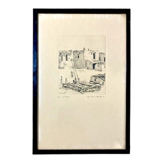 Early 1900's Native American Etching "Hopi Village" by Kiva "Carle" Fortier For Sale