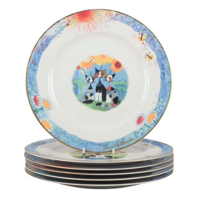 Dinner Plates with Cat Motifs by Rosina Wachtmeister for Goebel, Germany, Set of 6 For Sale
