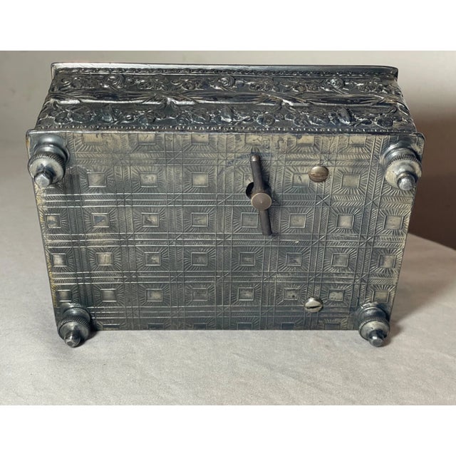 Metal Antique 19th Century Footed Ornate Silverplate Wood Swiss Cylindrical Music Box For Sale - Image 7 of 12